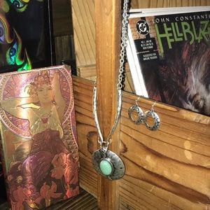 Silver Turquoise Hammered Metal Necklace Earrings